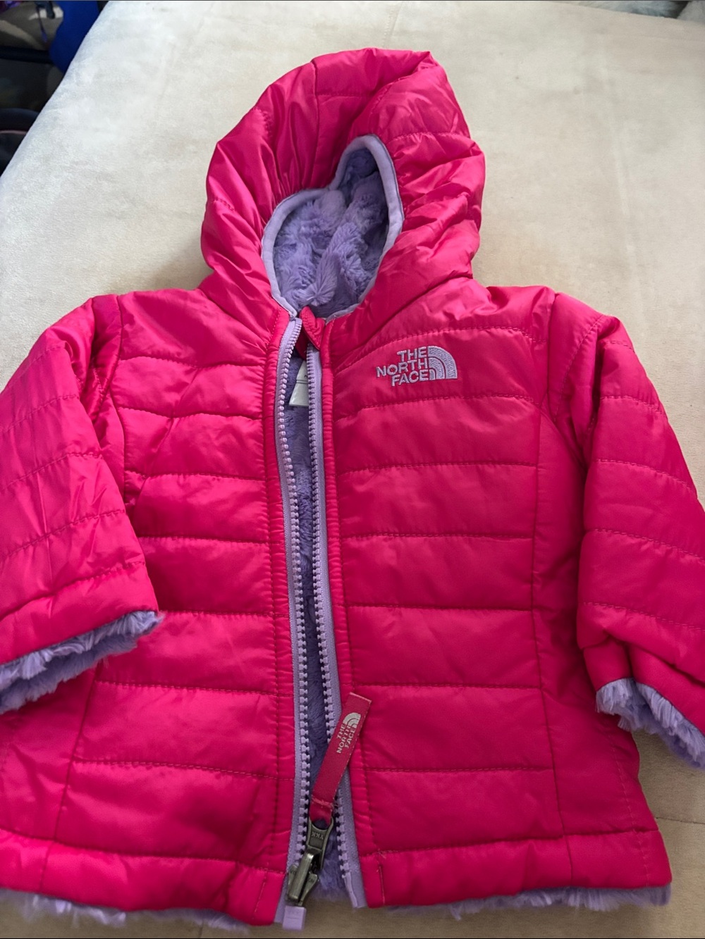 The North Face Bright Pink Hooded Puffer Jacket with Lavender Lining